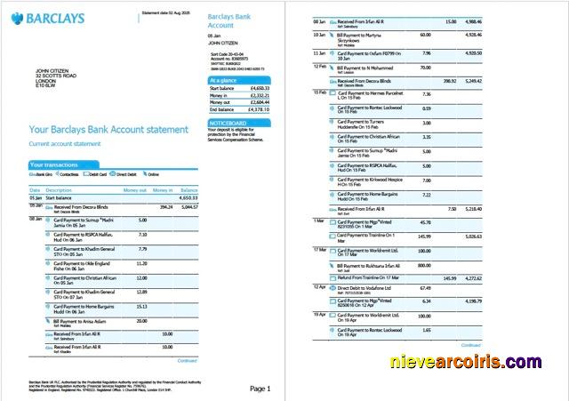 UK Barclays bank account statement Word and PDF, 2 pages